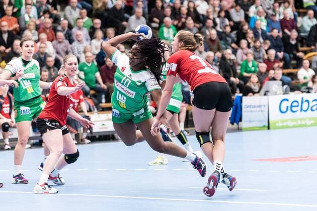 Laura Rueffieux HSG Blomberg Lippe 03 Prudence Kinlend Frisch on Göppingen 10 Kathrin Pichlmeier HSG Blomberg Lippe 10 fresh on Göppingen against HSG Blomberg Lippe handball 1 Bundesliga women 03 02 2018 Göppingen Copyright: xEIBNER WolfgangxFrankx EP_WFK