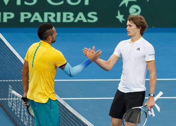 NICK KYRGIOS off congratulates the winner of ALEXANDER ZVEREV GER Davis Cup from GER Pat Rafter arena Brisbane tennis Davis Cup 2018 ITF Davis Cup Pat Rafter arena Brisbane Australia 4 February 2018 Copyright: xJuergenxHasenkopfx