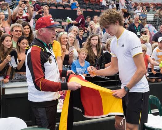 Boris Becker a German flag that holds ALEXANDER ZVEREV signs off Davis Cup GER Pat Rafter arena Brisbane tennis Davis Cup 2018 ITF Davis Cup Pat Rafter arena Brisbane Australia 4 February 2018 Â Copyright: xJuergenxHasenkopfx