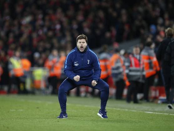 Mauricio Pochettino manager of Tottenham celebrates their second goal during the premier league match at Anfield Stadium, Liverpool. Picture date 4th February 2018. Picture credit should read: Simon Bellis Sportimage EDITORIAL USE ONLY. No use with unauthorised audio, video, data, fixture lists, club league logos or live services. Online in-match use limited to 120 images, no video emulation. No use in betting, games or single club league player publications.