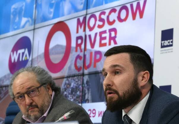 MOSCOW, RUSSIA - FEBRUARY 6, 2018: Moscow River Cup Board Chairman and Director Boris Mints (L) and Alexander Ostrovsky respectively attend a press conference PK Pressekonferenz ahead of the 2018 Moscow River Cup, a new tennis tournament scheduled by the Women s Tennis Association WTA Tennis Damen to start on July 23 in Moscow. Vladimir Gerdo TASS  TS0726FC