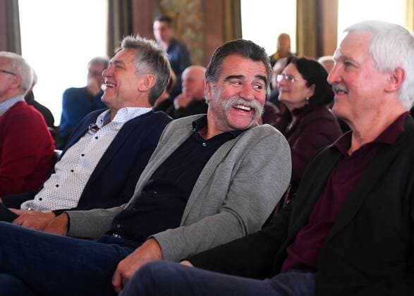 05 02 2018 xjhx handball receiving the world champion of 1978 in Aschaffenburg, Germany emspor v l Kurt Kammili Heiner Brand Horst Spengler Captain World Cup team Aschaffenburg