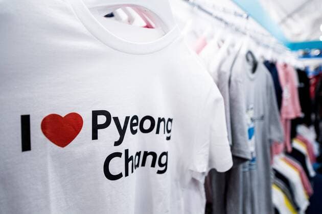 180206 A general view of a t shirt in shop at the Pyeongchang Olympic Village Athletes Village ahead of the 2018 Winter Olympics on February 6 2018 in Pyeongchang Photo Petter Arvidson BILDBYR N code PA 91950  Copyright: PETTERxARVIDSON BB180206PA103