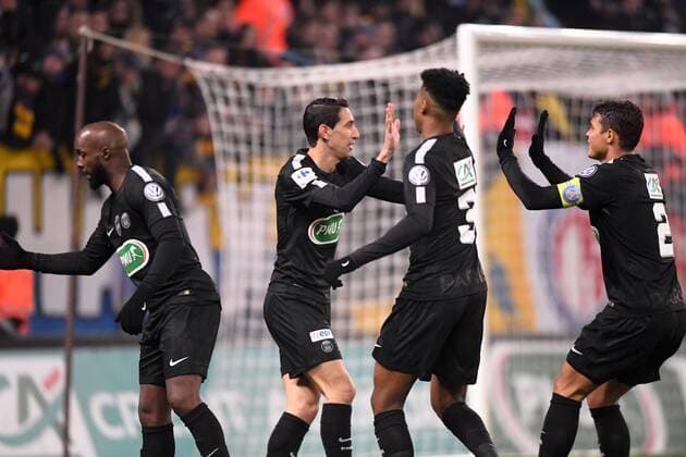 11 ANGEL DI MARIA (psg) - 19 LASSANA DIARRA (psg) - 02 THIAGO SILVA (psg) - JOIE FOOTBALL : Sochaux vs Paris SG - Coupe de France - 06 02 2018 AnthonyBIBARD FEP Panoramic 
