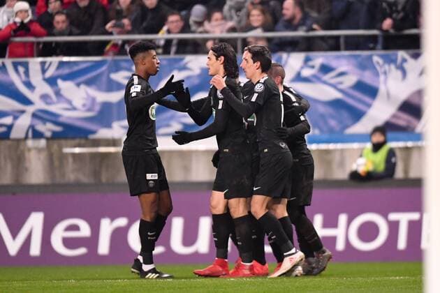 03 PRESNEL KIMPEMBE (psg) - 11 ANGEL DI MARIA (psg) - 09 EDINSON CAVANI (psg) - JOIE FOOTBALL : Sochaux vs Paris SG - Coupe de France - 06 02 2018 AnthonyBIBARD FEP Panoramic 