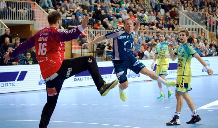 Potsdam 07 03 2018 MBS arena Sports Park airship port handball EHF Cup second round Füchse BERLIN agai St Raphael Var FRA 21 26 LTR 16 St Raphael Mattias ZACHRISSON TW Mihai POPESCU 21 foxes