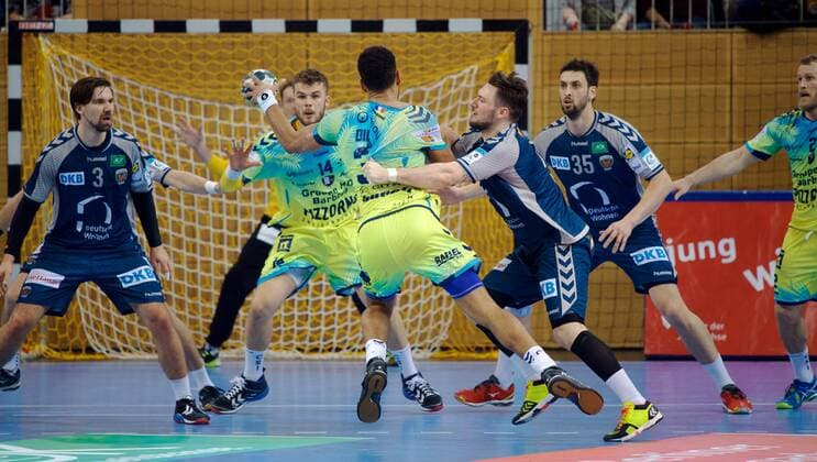Potsdam 07 03 2018 MBS arena Sports Park airship port handball EHF Cup second round Füchse BERLIN agai St Raphael Var FRA 21 26 LTR 3 foxes Alexander LYNGGAARD Fabian Walter 14 St Raphael Adrien DIPANDA 32 St Raphael Johan KOCH 77 foxes Marko KOPLJAR 35 foxes