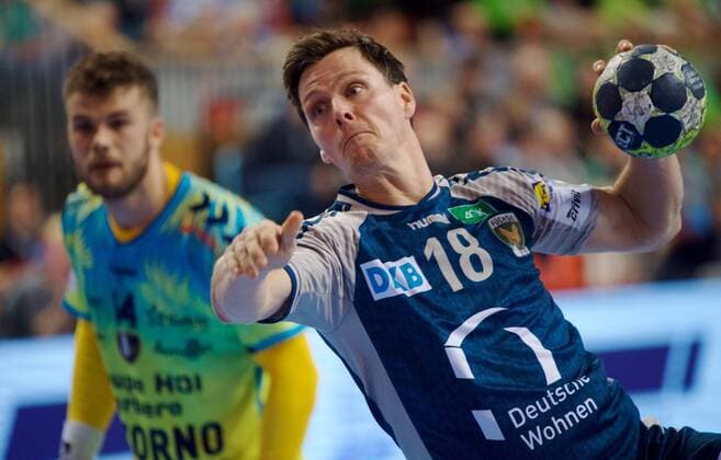 Potsdam 07 03 2018 MBS arena Sports Park airship port handball EHF Cup second round Füchse BERLIN agai St Raphael Var FRA 21 26 Hans LINDBERG 18 foxes