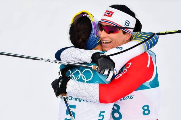 180210 Marit Bjoergen of Norway and Charlotte Kalla of Sweden celebrates after the Women s Skiathlon during day one of the 2018 Winter Olympics on February 10, 2018 in Pyeongchang. Photo: Petter Arvidson BILDBYRN kod PA 87613 *** 180210 Marit Bjoergen of Norway and Charlotte Kalla of Sweden celebrates after the Women s 4 X 5 km relay during day one of the 2018 Winter Olympics on February 10 2018 in Pyeongchang Photo Petter Arvidson BILDBYR N code PA 87613  Copyright: PETTERxARVIDSON BB180210PA041
