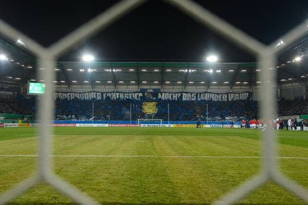 GER DFB Cup quarter-finals SC Paderborn 07 vs FC Bayern München Munich 06 02 2018 Benteler arena Paderborn GER DFB Cup quarterfinals SC Paderborn 07 vs FC Bayern München Munich pictured fans fan block Paderborn before kick-off viewers choreography nordphotox xKurth nph00016