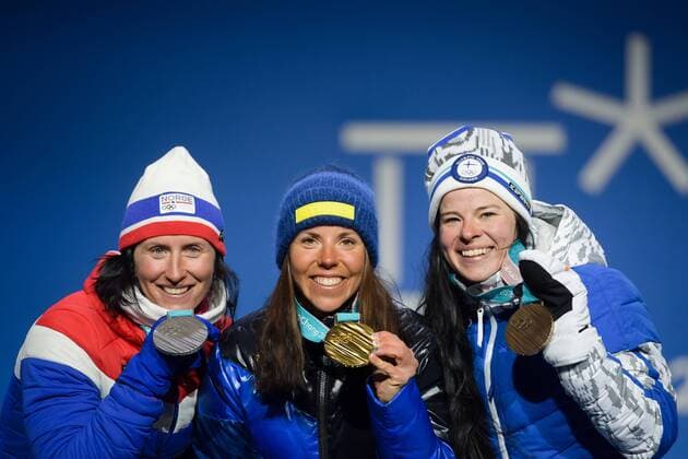 180210 Silver medalist Marit Bj ¿color of Norway gold medalist Charlotte Kalla of Sweden and the bronze medalist Krista Pärmäkoski of Finland at the medal ceremony for the Women s Team Sprint during the 2018 Winter Olympics on February 10 2018 in Pyeongchang Photo Jon Olav Nesvold BILDBYR N code JE 160152ö  Copyright: JONxOLAVxNESVOLD BB180210BB239