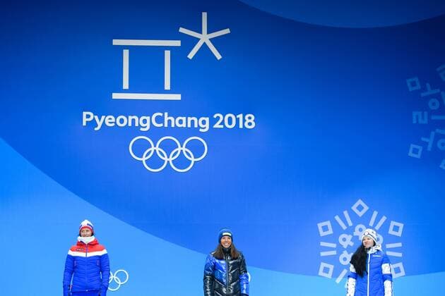 180210 Silver medalist Marit Bj ¿color of Norway gold medalist Charlotte Kalla of Sweden and the bronze medalist Krista Pärmäkoski of Finland at the medal ceremony for the Women s Team Sprint during the 2018 Winter Olympics on February 10 2018 in Pyeongchang Photo Jon Olav Nesvold BILDBYR N code JE 160152ö  Copyright: JONxOLAVxNESVOLD BB180210BB240