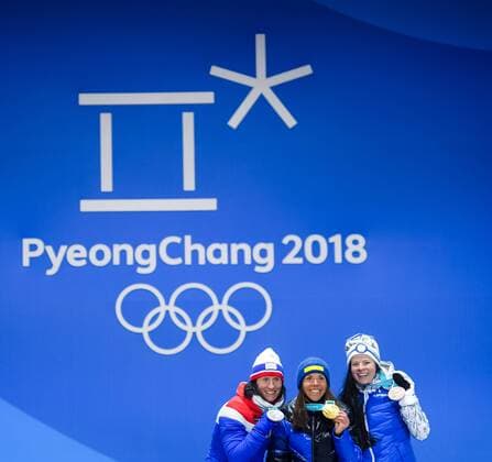 180210 Silver medalist Marit Bj ¿color of Norway gold medalist Charlotte Kalla of Sweden and the bronze medalist Krista Pärmäkoski of Finland at the medal ceremony for the Women s Team Sprint during the 2018 Winter Olympics on February 10 2018 in Pyeongchang Photo Jon Olav Nesvold BILDBYR N code JE 160152ö  Copyright: JONxOLAVxNESVOLD BB180210BB243