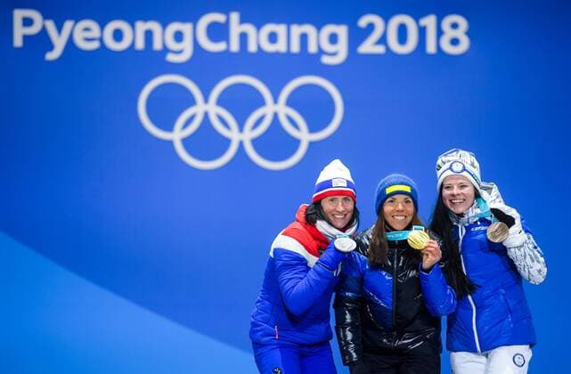 180210 Silver medalist Marit Bj ¿color of Norway gold medalist Charlotte Kalla of Sweden and the bronze medalist Krista Pärmäkoski of Finland at the medal ceremony for the Women s Team Sprint during the 2018 Winter Olympics on February 10 2018 in Pyeongchang Photo Jon Olav Nesvold BILDBYR N code JE 160152ö  Copyright: JONxOLAVxNESVOLD BB180210BB244