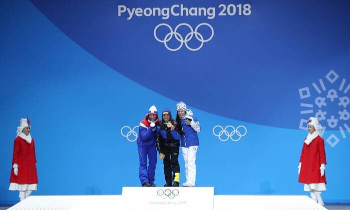 (180210) -- PYEONGCHANG, Feb. 10, 2018 -- Champion Sweden s Charlotte Kalla (C), second placed Norway s Marit Bjoergen (2nd L) and third placed Finland s Krista Parmakoski (2nd R) pose for photos during the medal ceremony of the Ladies 7.5km + 7.5km Skiathlon of Cross-Country Skiing at the 2018 PyeongChang Winter Olympic Games Olympische Spiele Olympia OS at the Medal Plaza in PyeongChang, South Korea, on Feb. 10, 2018. ) (SP)OLY-SOUTH KOREA-PYEONGCHANG-CROSS-COUNTRY SKIING-LADIES 7.5KM+7.5KM SKIATHLON-MEDAL CEREMONY FeixMaohua 