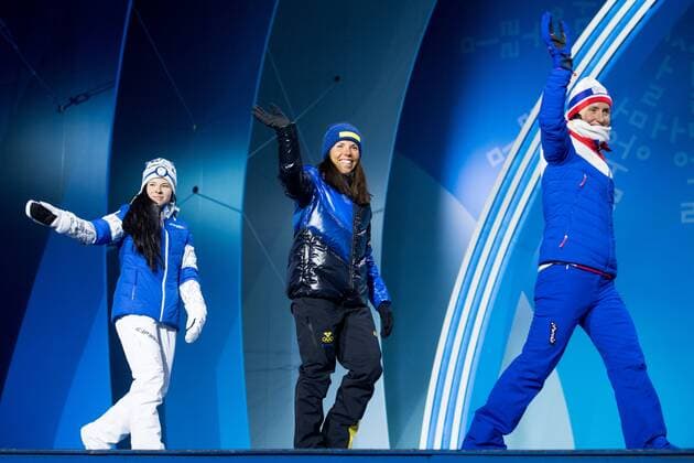 180210 Bronze medalist Krista Pärmäkoski of Finland gold medalist Charlotte Kalla of Sweden and silver medalist Marit Bj ¿color of Norway at the medal ceremony for the Women s Team Sprint during the 2018 Winter Olympics on February 10 2018 in Pyeongchang Photo Jon Olav Nesvold BILDBYR N code JE 160152  Copyright: JONxOLAVxNESVOLD BB180210BB298