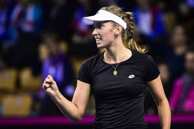 Belgian Elise Mertens reacts during a tennis game between French Pauline Parmentier WTA Tennis Damen 91) and Belgian Elise Mertens (WTA 20), the first rubber of this weekend s Fed Cup World Group Round 1 meeting between France and Belgium in La Roche-sur-Yon, France, Saturday 10 February 2018. LAURIExDIEFFEMBACQ  x05293543x