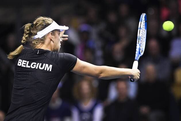 Belgian Elise Mertens pictured in action during a tennis game between French Pauline Parmentier WTA Tennis Damen 91) and Belgian Elise Mertens (WTA 20), the first rubber of this weekend s Fed Cup World Group Round 1 meeting between France and Belgium in La Roche-sur-Yon, France, Saturday 10 February 2018. LAURIExDIEFFEMBACQ  x05293547x