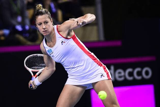 French Pauline Parmentier pictured in action during a tennis game between French Pauline Parmentier WTA Tennis Damen 91) and Belgian Elise Mertens (WTA 20), the first rubber of this weekend s Fed Cup World Group Round 1 meeting between France and Belgium in La Roche-sur-Yon, France, Saturday 10 February 2018. LAURIExDIEFFEMBACQ  x05293549x