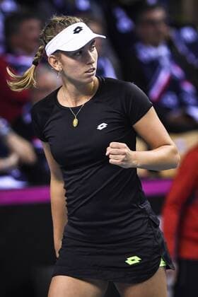 Belgian Elise Mertens celebrates during a tennis game between French Pauline Parmentier WTA Tennis Damen 91) and Belgian Elise Mertens (WTA 20), the first rubber of this weekend s Fed Cup World Group Round 1 meeting between France and Belgium in La Roche-sur-Yon, France, Saturday 10 February 2018. LAURIExDIEFFEMBACQ  x05293556x