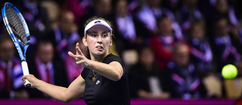 Belgian Elise Mertens pictured in action during a tennis game between French Pauline Parmentier WTA Tennis Damen 91) and Belgian Elise Mertens (WTA 20), the first rubber of this weekend s Fed Cup World Group Round 1 meeting between France and Belgium in La Roche-sur-Yon, France, Saturday 10 February 2018. LAURIExDIEFFEMBACQ  x05293563x