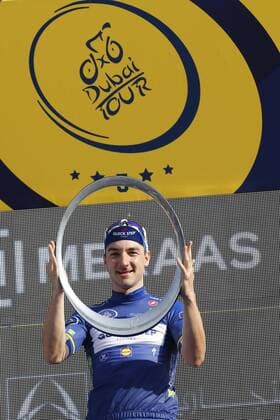 Italian Elia Viviani of Quick-Step Floors, Danish Magnus Cort of Astana Pro Team and Italian Sonny Colbrelli of Bahrain-Merida celebrate on the final podium of General Classification after the fifth and last stage of the Dubai Tour 2018 cycling race, 129 km from the Skydive and the city WAlk in Dubai, United Arab Emirates, Saturday 10 February 2018. The Dubai Tour 2018 is taking place from 6 to 10 February. YUZURUxSUNADA  x05293538x