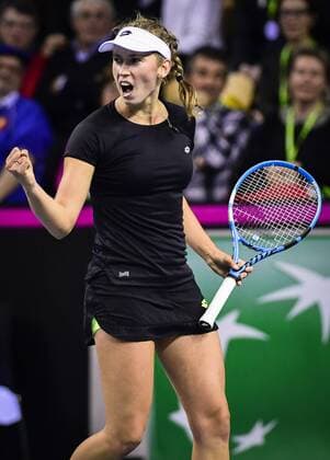 Belgian Elise Mertens celebrates during a tennis game between French Pauline Parmentier WTA Tennis Damen 91) and Belgian Elise Mertens (WTA 20), the first rubber of this weekend s Fed Cup World Group Round 1 meeting between France and Belgium in La Roche-sur-Yon, France, Saturday 10 February 2018. LAURIExDIEFFEMBACQ  x05293581x