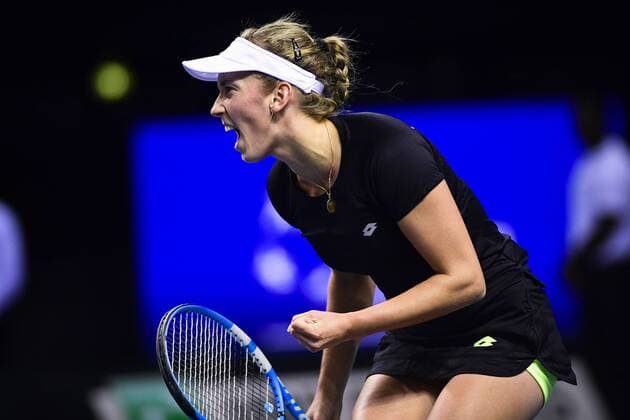 Belgian Elise Mertens celebrates during a tennis game between French Pauline Parmentier WTA Tennis Damen 91) and Belgian Elise Mertens (WTA 20), the first rubber of this weekend s Fed Cup World Group Round 1 meeting between France and Belgium in La Roche-sur-Yon, France, Saturday 10 February 2018. LAURIExDIEFFEMBACQ  x05293587x