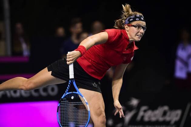 Belgian Kirsten Flipkens pictured in action during a tennis game between French Kristina Mladenovic WTA Tennis Damen 13) and Belgian Kirsten Flipkens (WTA 47), the second rubber of this weekend s Fed Cup World Group Round 1 meeting between France and Belgium in La Roche-sur-Yon, France, Saturday 10 February 2018. LAURIExDIEFFEMBACQ  x05293713x