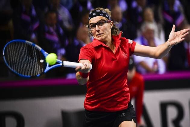 Belgian Kirsten Flipkens pictured in action during a tennis game between French Kristina Mladenovic WTA Tennis Damen 13) and Belgian Kirsten Flipkens (WTA 47), the second rubber of this weekend s Fed Cup World Group Round 1 meeting between France and Belgium in La Roche-sur-Yon, France, Saturday 10 February 2018. LAURIExDIEFFEMBACQ  x05293717x