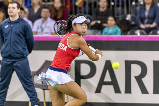 February 10, 2018: Carol Zhao (CAN) during the FED Cup by BNP 2018 game between Romania and Canada at Sala Polivalenta, Cluj-Napoca, Romania ROU. Copyright: Cronos Catalin Soare  Copyright: xCronos CatalinxSoarex crfcs10022018118433