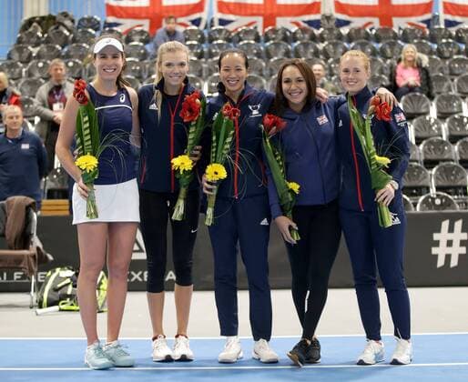 TENNIS - ITF Fed Cup TALLINN,ESTONIA,10.FEB.18 - TENNIS - ITF Fed Cup. Image shows Johanna Konta, Katie Boulter, captain Anne Keothavong, Heather Watson and Anna Smith (GBR). GEPAxpictures xWalterxLuger