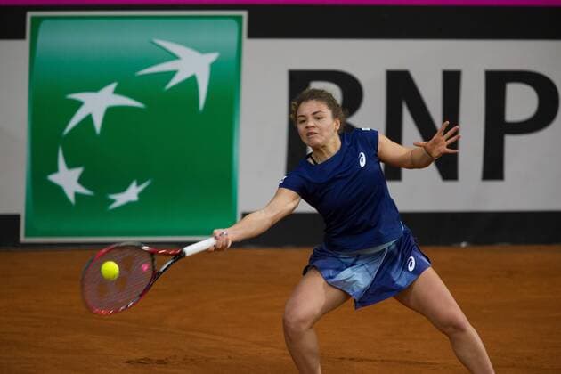 February 10, 2018 - Chieti, CH, Italy - Jasmine Paolini of Italy team during 2018 Fed Cup BNP Paribas World Group II First Round match between Italy and Spain at Pala Tricalle Sandro Leombroni on February 10, 2018 in Chieti, Italy. Jasmine Paolini v Carla Suarez Navarro - Fed Cup BNP Paribas World Group II First Round  - ZUMAn230 20180210_zaa_n230_294 Copyright: xDaniloxDixGiovannix