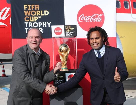 SOCCER - Coca Cola World Trophy Tour SCHWECHAT,AUSTRIA,11.FEB.18 - SOCCER - Coca Cola World Cup Trophy Tour. Image shows Herbert Prohaska and Christian Karembeu. GEPAxpictures xChristianxOrt