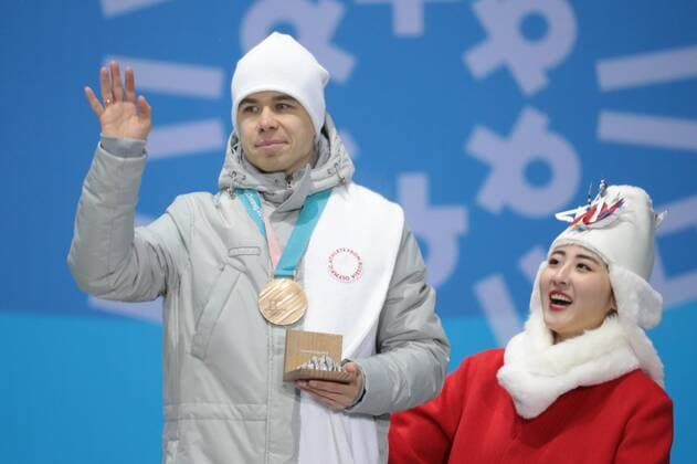 PYEONGCHANG, SOUTH KOREA â€“ FEBRUARY 11, 2018: Short track speed skater Semyon Yelistratov, Olympic Athlete from Russia, poses with his bronze medal at the victory ceremony for the for men s 1500m short track Speed skating Eisschnelllauf event at the 2018 Winter Olympic Games Olympische Spiele Olympia OS at Medals Plaza. Sergei Bobylev TASS  TS0734AE