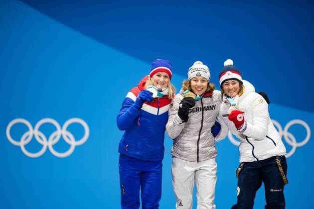 180211 Marte Olsbu of Norway Silver Laura Dahlmeier of Germany Gold and Veronika Vitkova of Czech Republic Bronze at the medal ceremony for the Women s 4 X 5 km relay during day two of the 2018 Winter Olympics on February 11 2018 in Pyeongchang Photo Jon Olav Nesvold BILDBYRAN code JE 160153  Copyright: JONxOLAVxNESVOLD BB180211BB201