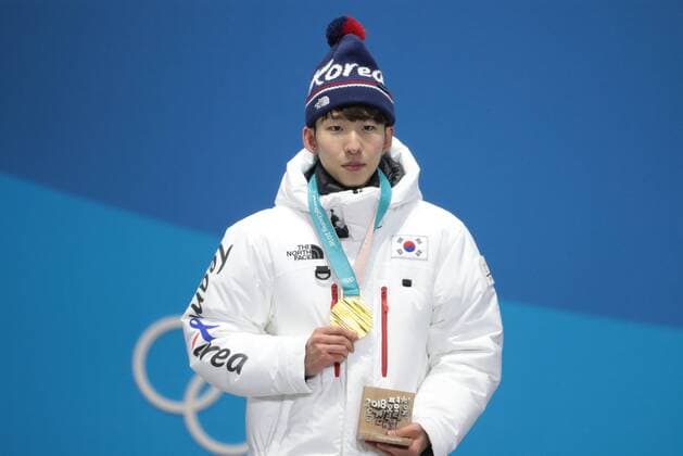 PYEONGCHANG, SOUTH KOREA â€“ FEBRUARY 11, 2018: Short track speed skater Lim Hyo-jun of South Korea poses with his gold medal at the victory ceremony for the for men s 1500m short track Speed skating Eisschnelllauf event at the 2018 Winter Olympic Games Olympische Spiele Olympia OS at Medals Plaza. Sergei Bobylev TASS  TS0734B7
