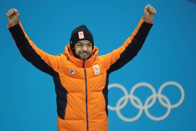PYEONGCHANG, SOUTH KOREA â€“ FEBRUARY 11, 2018: Silver medallist Sjinkie Knegt of the Netherlands poses at the victory ceremony for the for men s 1500m short track Speed skating Eisschnelllauf event at the 2018 Winter Olympic Games Olympische Spiele Olympia OS at Medals Plaza. Sergei Bobylev TASS  TS0734BA
