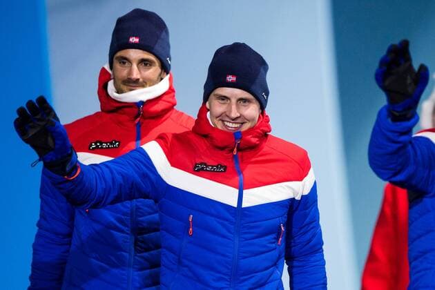 180211 Simen Hegstad Krüger Gold and Hans Christer Holund Bronze of Norway celebrates at the medal ceremony for the Men s 30 km pursuit during day two of the 2018 Winter Olympics on February 11 2018 in Pyeongchang Photo Jon Olav Nesvold BILDBYR N code JE 160153  Copyright: JONxOLAVxNESVOLD BB180211BB204