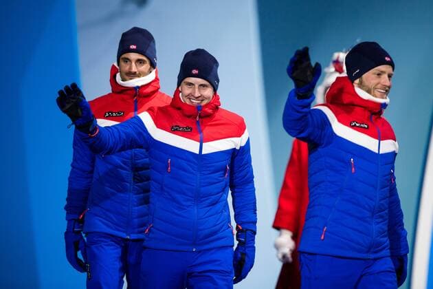 180211 Martin Johnsrud Sundby Silver Simen Hegstad Krüger Gold and Hans Christer Holund Bronze of Norway celebrates at the medal ceremony for the Men s 30 km pursuit during day two of the 2018 Winter Olympics on February 11 2018 in Pyeongchang Photo Jon Olav Nesvold BILDBYRAN code JE 160153  Copyright: JONxOLAVxNESVOLD BB180211BB205