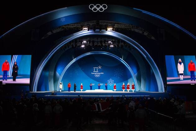 180211 Martin Johnsrud Sundby Silver Simen Hegstad Krüger Gold and Hans Christer Holund Bronze of Norway celebrates at the medal ceremony for the Men s 30 km pursuit during day two of the 2018 Winter Olympics on February 11 2018 in Pyeongchang Photo Jon Olav Nesvold BILDBYRAN code JE 160153  Copyright: JONxOLAVxNESVOLD BB180211BB206