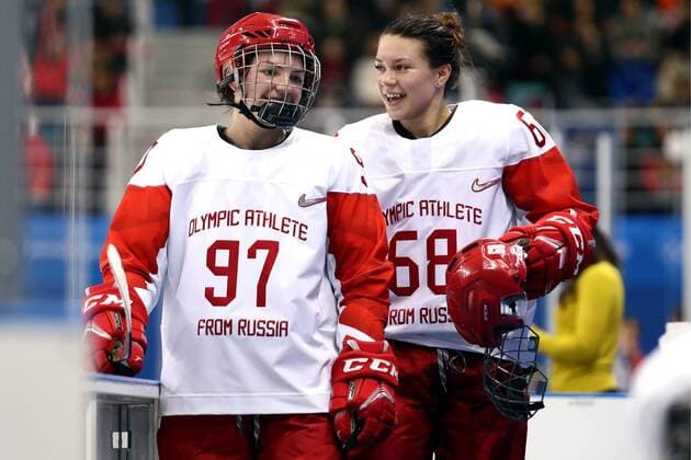 GANGNEUNG, SOUTH KOREA - FEBRUARY 11, 2018: Olympic Athletes from Russia Anna Shokhina (L) and Alevtina Shtaryova in the women s preliminary round Group A Ice hockey Eishockey match against Canada at the 2018 Winter Olympic Games Olympische Spiele Olympia OS at Kwandong Hockey Centre. Valery Sharifulin TASS  TS0734EF