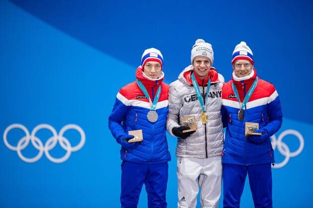 180211 Johann Andre Forfang of Norway Silver Andreas Wellinger of Germany gold and Robert Jablonski of Norway the Bronze at the medal ceremony for the Men s Ski Jumping Normal Hill Individual during day two of the 2018 Winter Olympics on February 11 2018 in Pyeongchang Photo Jon Olav Nesvold BILDBYR N code JE 160153  Copyright: JONxOLAVxNESVOLD BB180211BB516