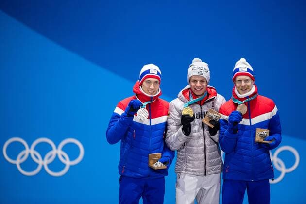 180211 Johann Andre Forfang of Norway Silver Andreas Wellinger of Germany gold and Robert Jablonski of Norway the Bronze at the medal ceremony for the Men s Ski Jumping Normal Hill Individual during day two of the 2018 Winter Olympics on February 11 2018 in Pyeongchang Photo Jon Olav Nesvold BILDBYR N code JE 160153  Copyright: JONxOLAVxNESVOLD BB180211BB519