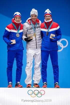 180211 Johann Andre Forfang of Norway Silver Andreas Wellinger of Germany gold and Robert Jablonski of Norway the Bronze at the medal ceremony for the Men s Ski Jumping Normal Hill Individual during day two of the 2018 Winter Olympics on February 11 2018 in Pyeongchang Photo Jon Olav Nesvold BILDBYR N code JE 160153  Copyright: JONxOLAVxNESVOLD BB180211BB520
