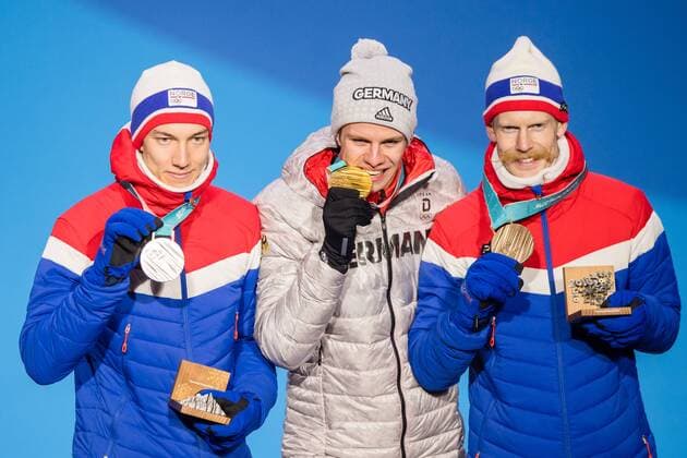180211 Johann Andre Forfang of Norway Silver Andreas Wellinger of Germany gold and Robert Jablonski of Norway the Bronze at the medal ceremony for the Men s Ski Jumping Normal Hill Individual during day two of the 2018 Winter Olympics on February 11 2018 in Pyeongchang Photo Jon Olav Nesvold BILDBYR N code JE 160153  Copyright: JONxOLAVxNESVOLD BB180211BB522