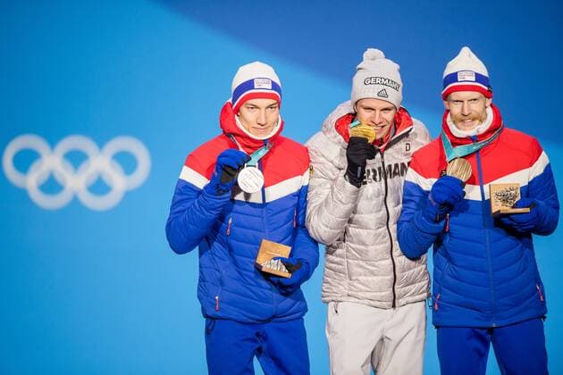 180211 Johann Andre Forfang of Norway Silver Andreas Wellinger of Germany gold and Robert Jablonski of Norway the Bronze at the medal ceremony for the Men s Ski Jumping Normal Hill Individual during day two of the 2018 Winter Olympics on February 11 2018 in Pyeongchang Photo Jon Olav Nesvold BILDBYR N code JE 160153  Copyright: JONxOLAVxNESVOLD BB180211BB523