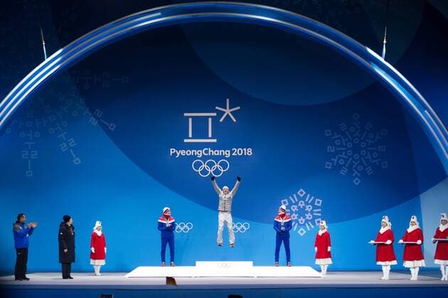 180211 Marte Olsbu of Norway Silver Laura Dahlmeier of Germany Gold and Veronika Vitkova of Czech Republic Bronze at the medal ceremony for the Women s 4 X 5 km relay during day two of the 2018 Winter Olympics on February 11 2018 in Pyeongchang Photo Jon Olav Nesvold BILDBYR n code JE 160153  Copyright: JONxOLAVxNESVOLD BB180211BB537