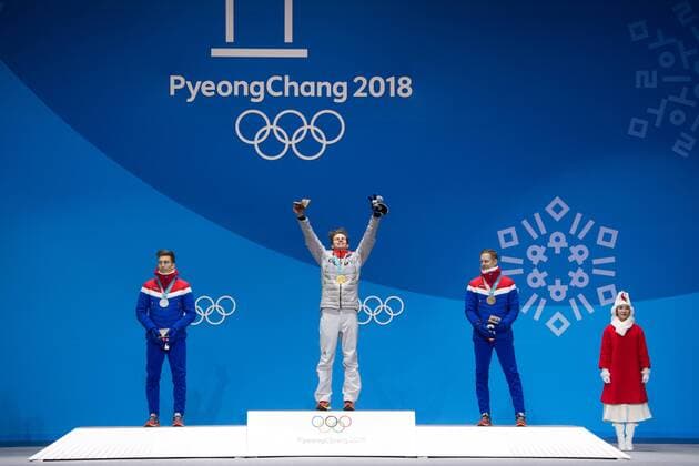 180211 Johann Andre Forfang of Norway Silver Andreas Wellinger of Germany gold and Robert Jablonski of Norway the Bronze at the medal ceremony for the Men s Ski Jumping Normal Hill Individual during day two of the 2018 Winter Olympics on February 11 2018 in Pyeongchang Photo Jon Olav Nesvold BILDBYR N code JE 160153  Copyright: JONxOLAVxNESVOLD BB180211BB542