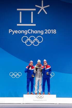 180211 Johann Andre Forfang of Norway Silver Andreas Wellinger of Germany gold and Robert Jablonski of Norway the Bronze at the medal ceremony for the Men s Ski Jumping Normal Hill Individual during day two of the 2018 Winter Olympics on February 11 2018 in Pyeongchang Photo Jon Olav Nesvold BILDBYR N code JE 160153  Copyright: JONxOLAVxNESVOLD BB180211BB543